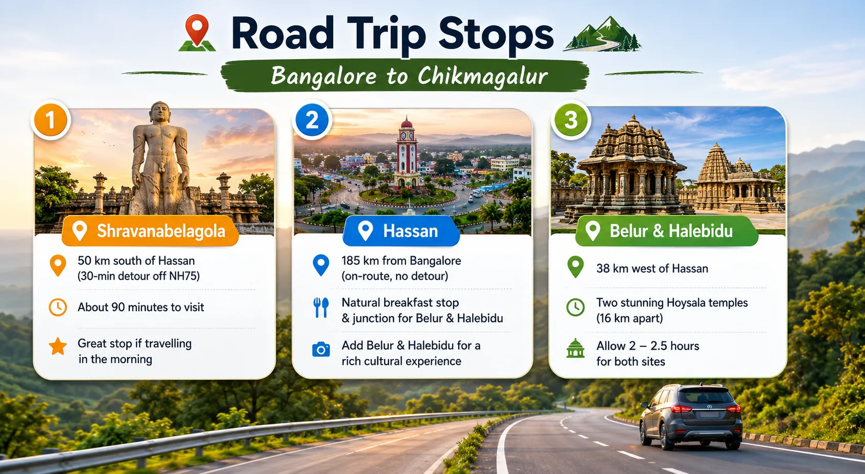 Infographic highlighting the best road trip stops between Bangalore and Chikmagalur, including Shravanabelagola, Hassan, and Belur & Halebidu, with travel distances, detour information, and key attractions along the NH75 route.