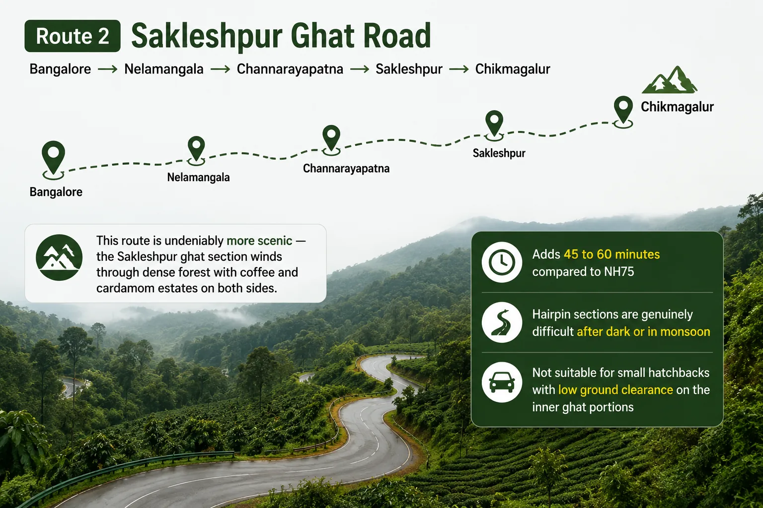 Infographic showing the Bangalore to Chikmagalur route via Sakleshpur Ghat Road, passing through Nelamangala, Channarayapatna, and Sakleshpur, highlighting scenic forested mountain roads, coffee estates, and travel considerations.